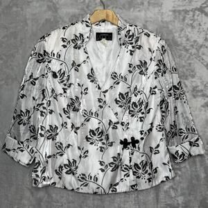 Alex Evenings Jacket Womens 2XL White Black Floral Frog Closure 3/4 Sleeve Wrap